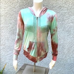 Color in Motion Tie Dye Rhinestone Zippered Hoodie Sweatshirt Jacket Colorful